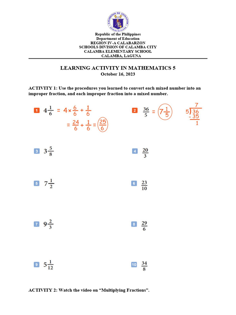 Learning Task in Math 5 - 10.16.2023 | PDF