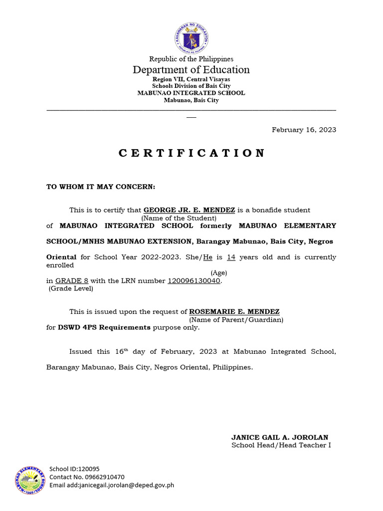 Student Certification for DSWD 4PS | PDF