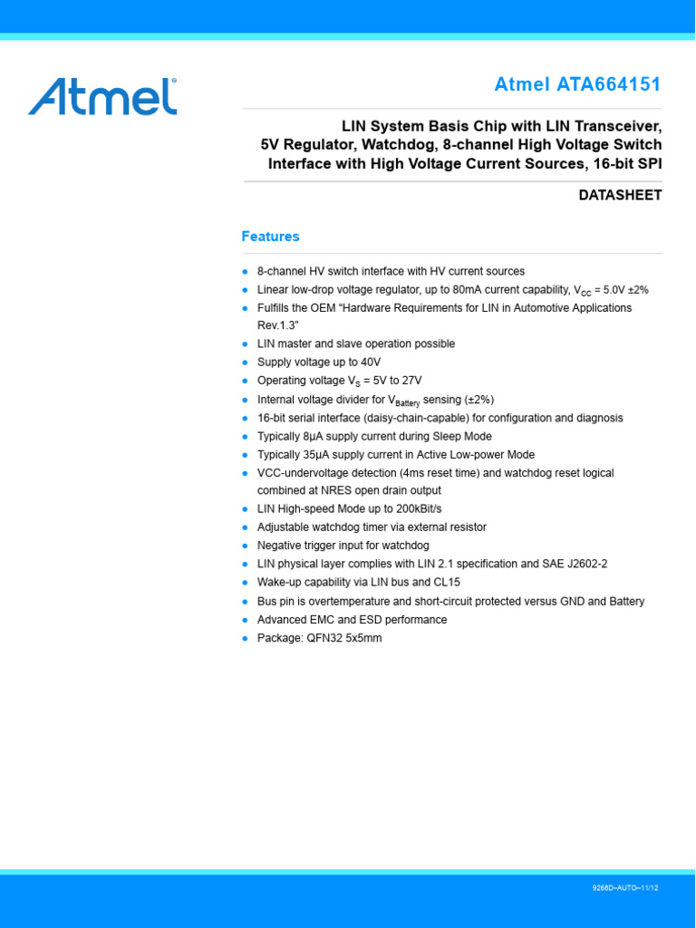 Atmel 9268 LIN Networking ATA664151 - Datasheet | PDF | Power Supply ...