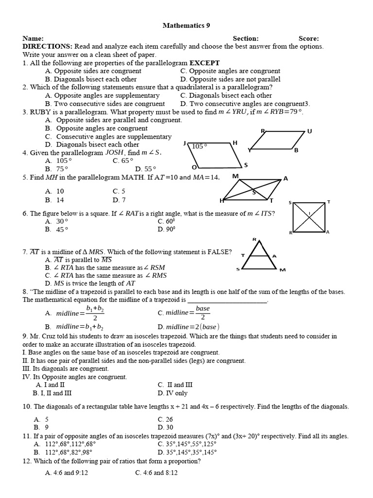 Parallelogram and Triangle Properties Quiz | PDF | Triangle | Classical ...