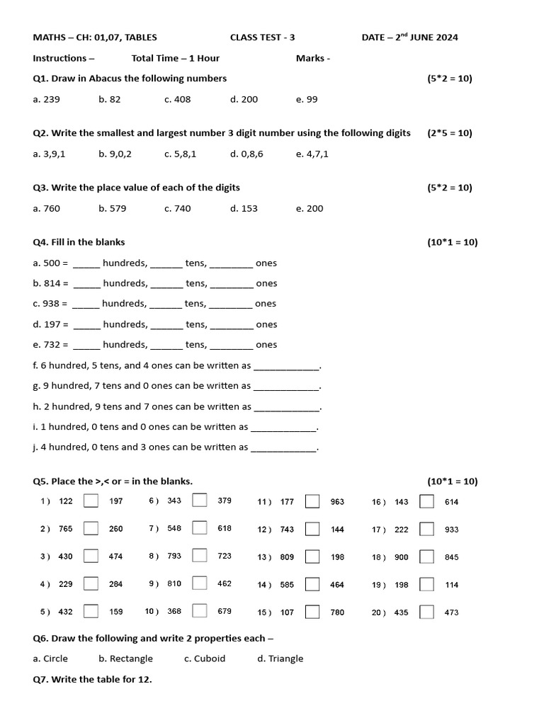 Class 3 Maths Test: Abacus & Place Value | PDF | Computers | Technology ...