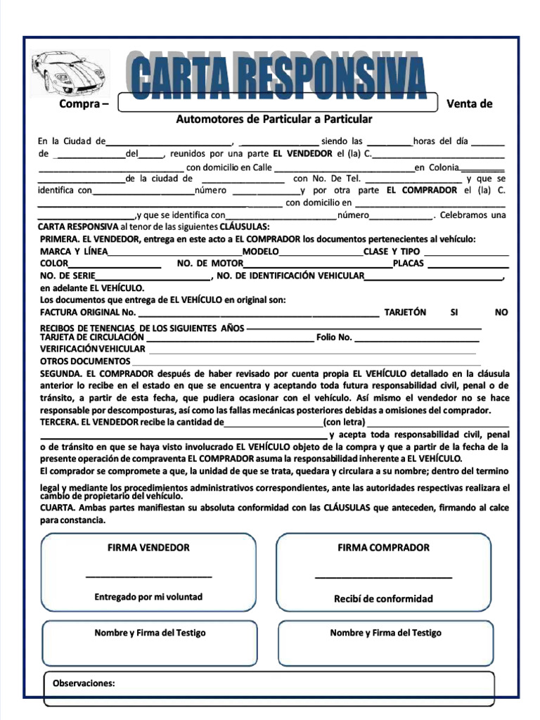 Carta Responsiva de Compra-Venta Auto | PDF | Derecho privado | Ley común