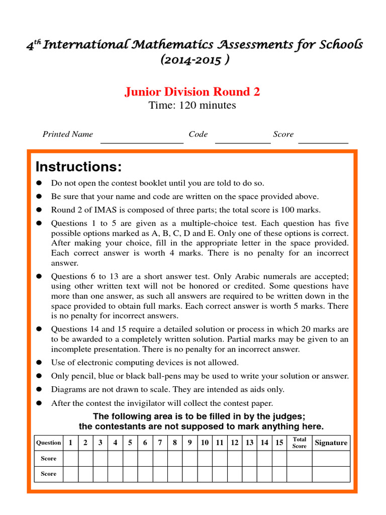 Junior Division Math Contest Round 2 | PDF | Triangle | Area