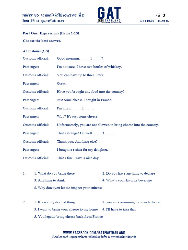 Part One: Expressions (Items 1-15) Choose The Best Answer. at Customs ...