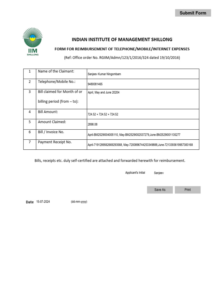 IIM Shillong Telecom Expense Form | PDF | Receipt | Bangalore