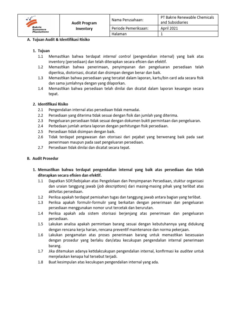 Audit Program-Inventory | PDF | Bisnis | Pengelolaan Keuangan & Uang