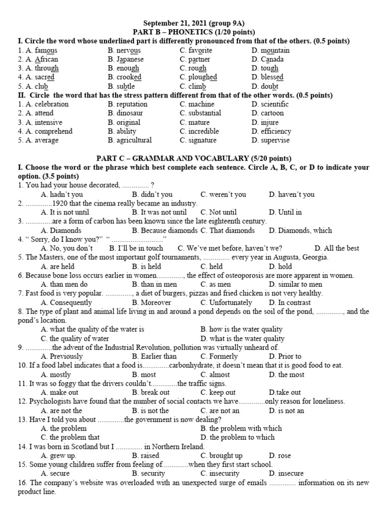 Phonetics and Grammar Practice Test | PDF | Water Pollution | Water