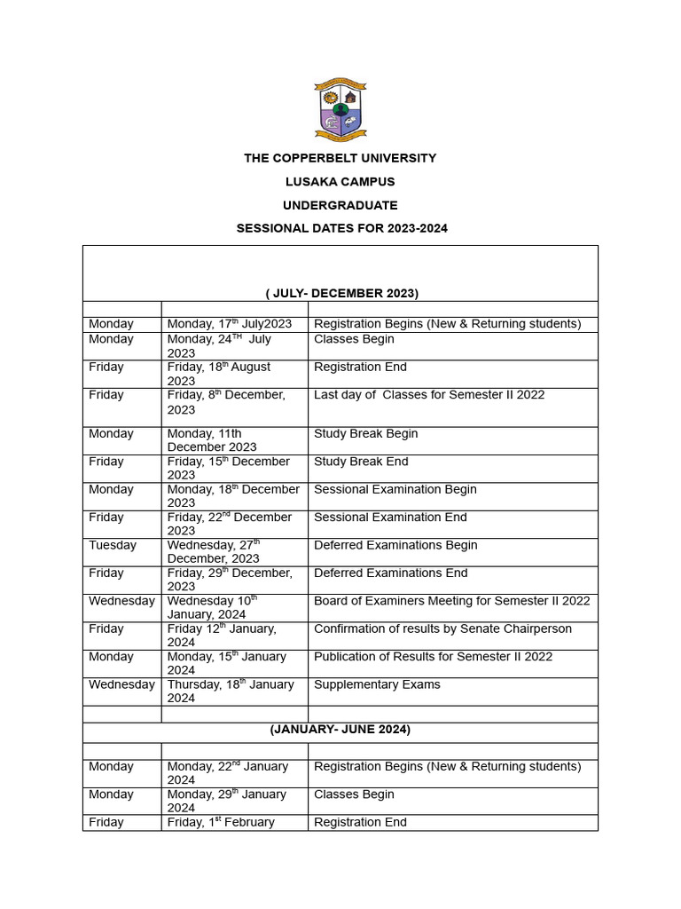 UG 2023-2024 Proposed Academic Calendar - Lusaka Campus | PDF