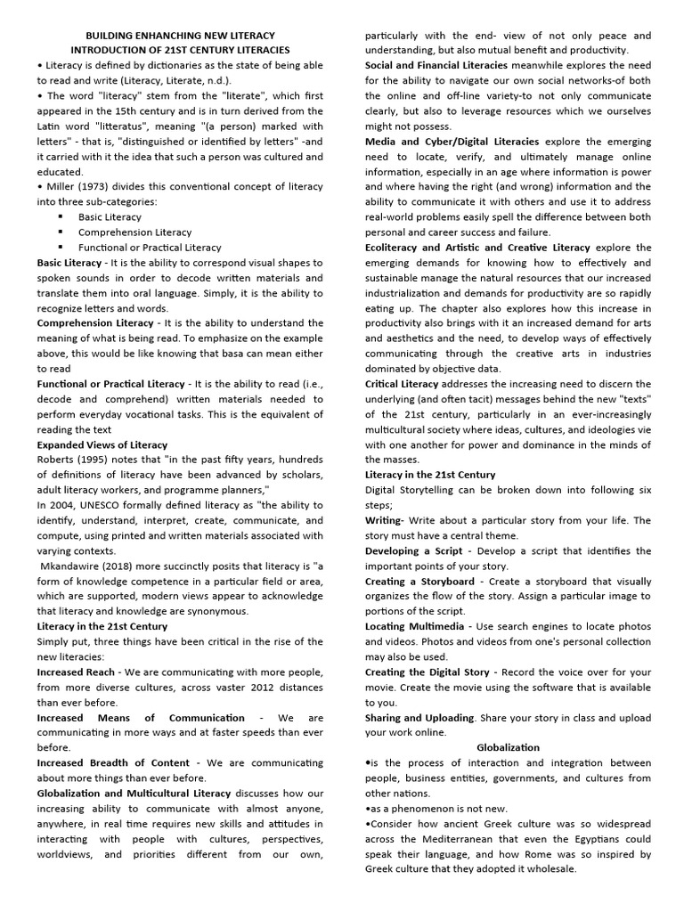 21st Century Literacy Concepts Explained | PDF | Literacy | Globalization