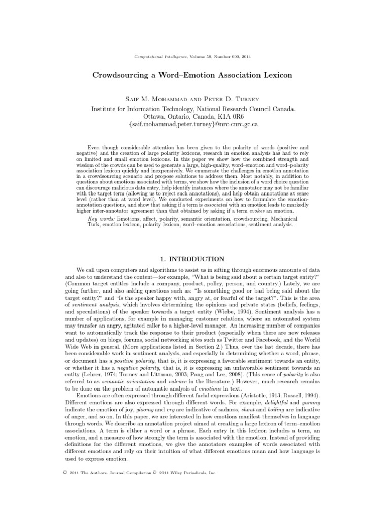 Crowdsourcing A Word-Emotion Association Lexicon | PDF | Emotions | Adverb