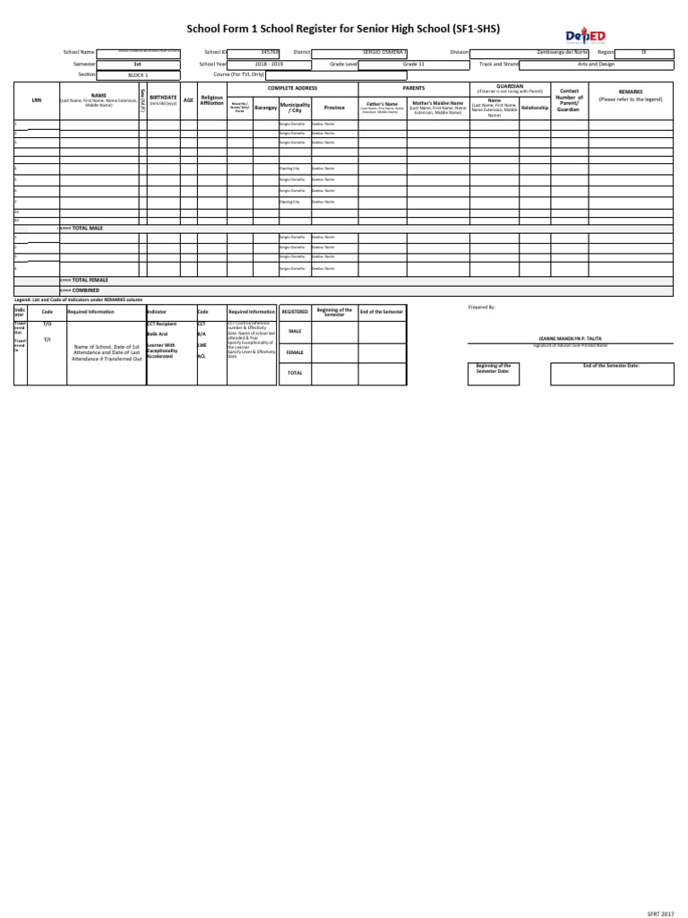 SF1-SHS School Register 2018-2019 | PDF | Family | Behavioural Sciences