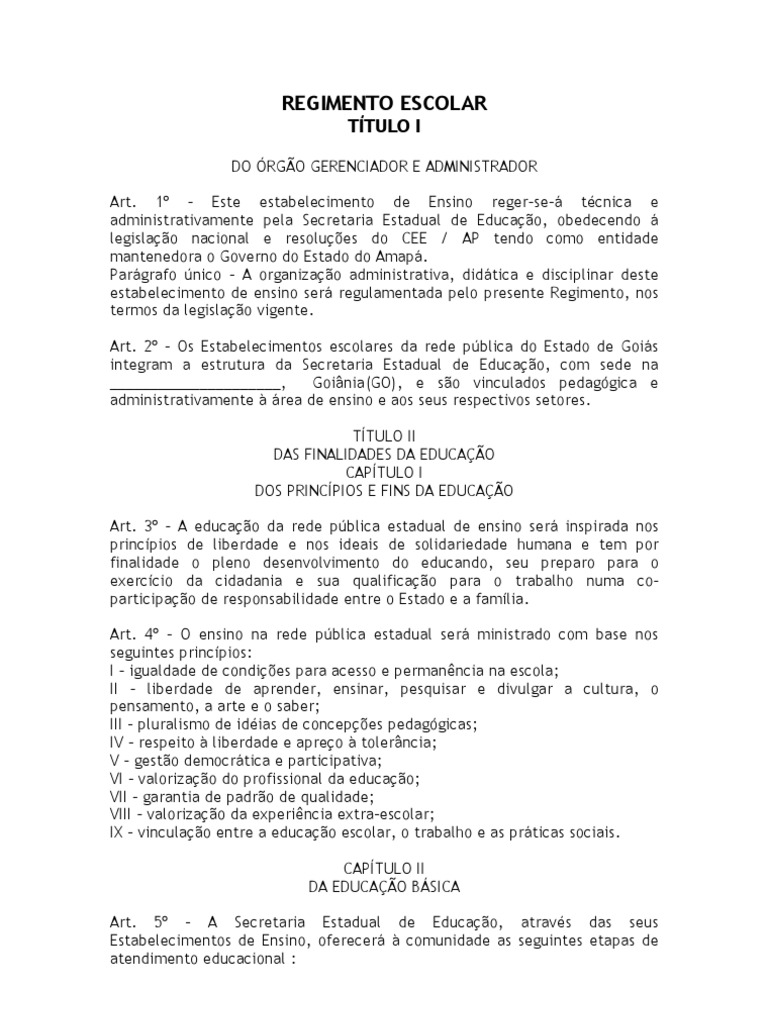 Regimento Escolar: Estrutura e Finalidades | PDF | Escolas de ensino ...