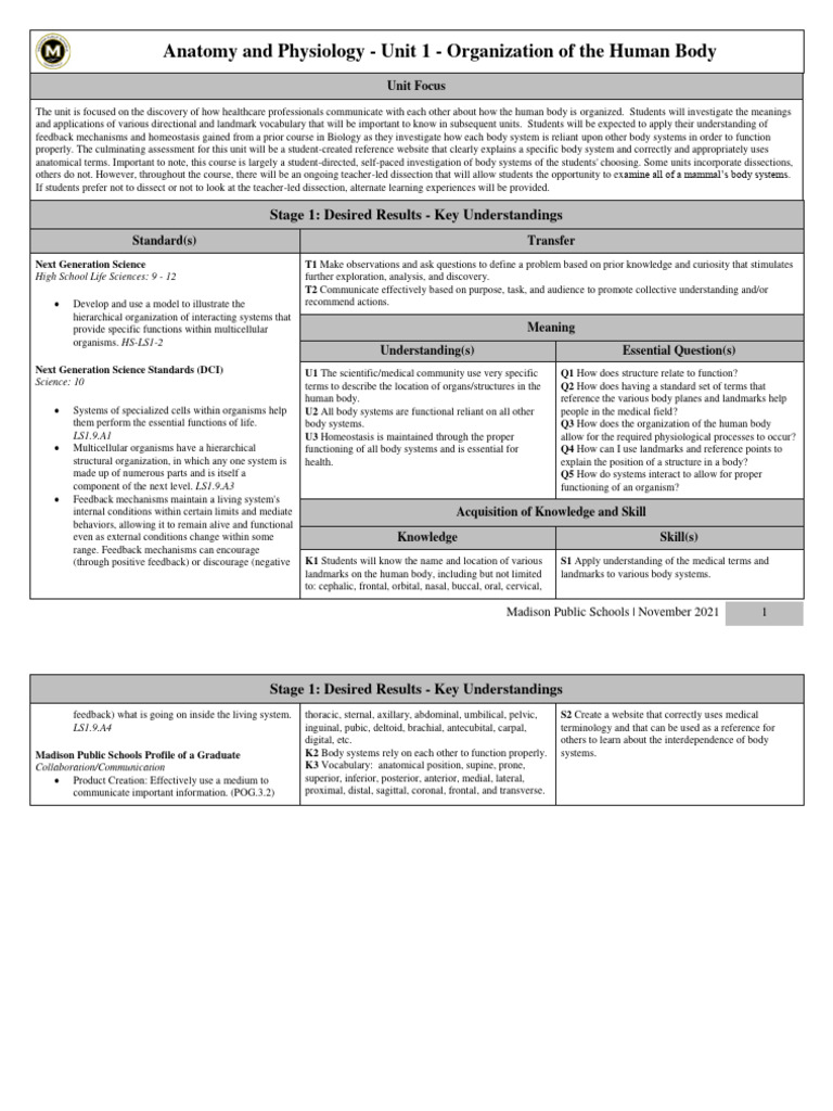 Anatomy And Physiology Unit 1 Organization Of The Human Body Pdf