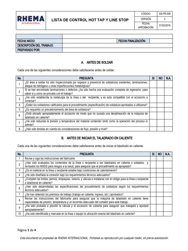 GS-FR-009 Lista de Control Hot Tap y Line Stop | PDF | Soldadura ...