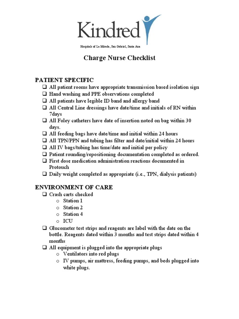 Charge Nurse Checklist Intensive Care Unit Health Sciences
