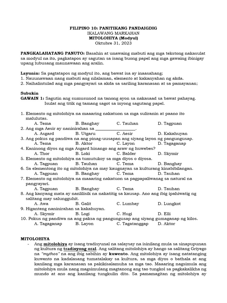 Filipino 10 Modyul October 31 Nov. 3 2023 | PDF