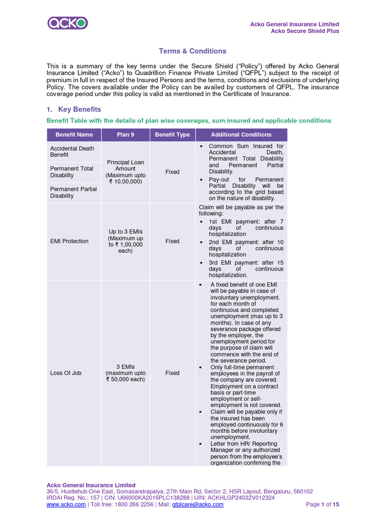 Acko Secure Shield Plus Insurance Terms | PDF | Insurance | Obesity