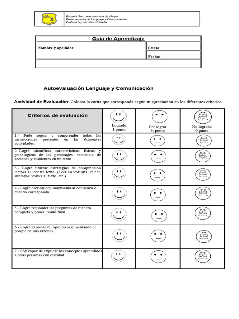 Autoevaluación con Caritas en Lenguaje | PDF