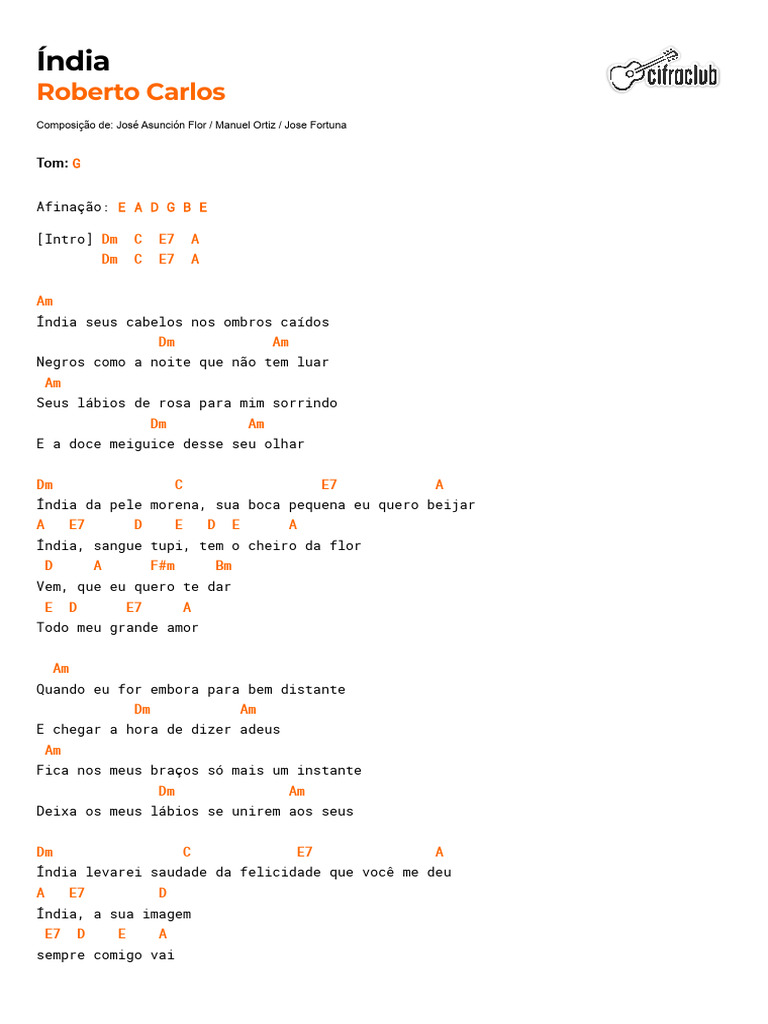 Cifras da Música "Índia" de Roberto Carlos | PDF