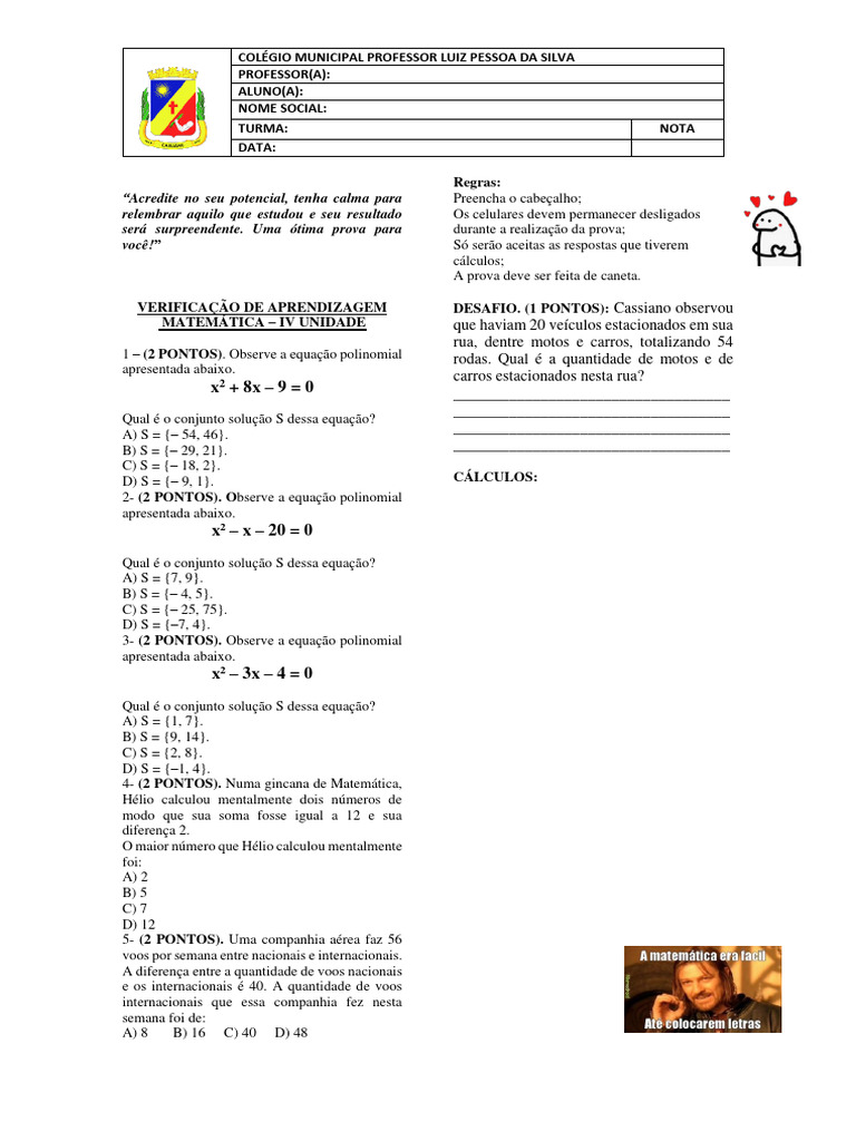 Prova de Matemática - IV Unidade | PDF | Matemática