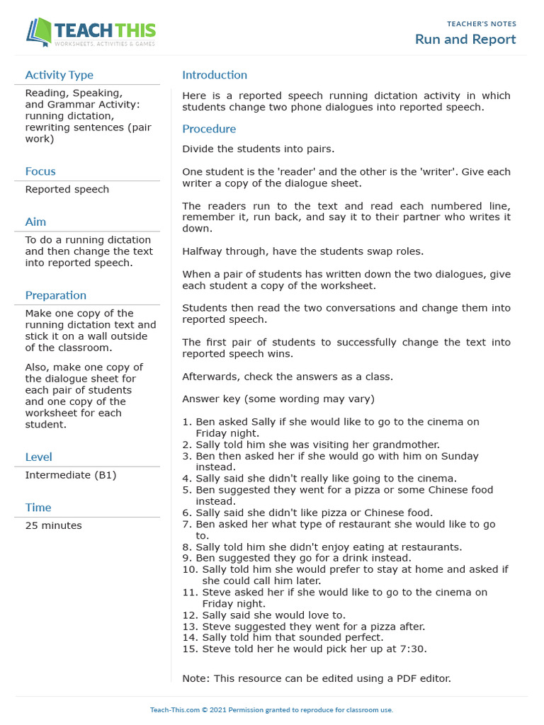Reported Speech Running Dictation Activity | PDF