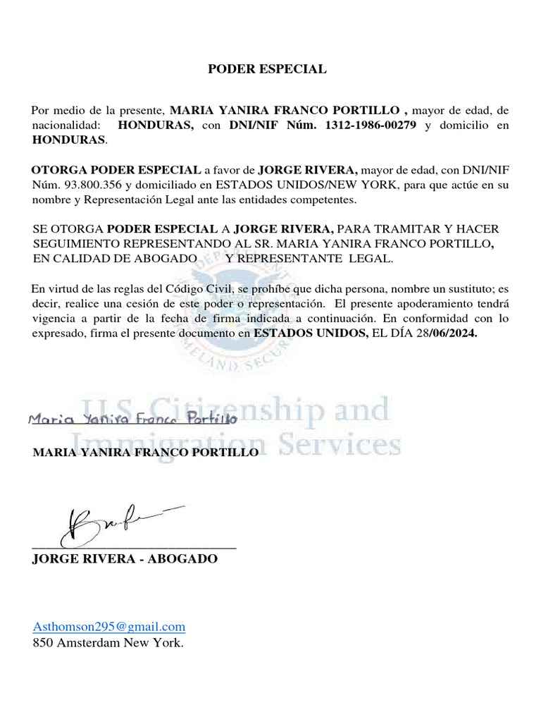 Acta de Poder Maria Yanira Franco Portillo Con Firma | PDF