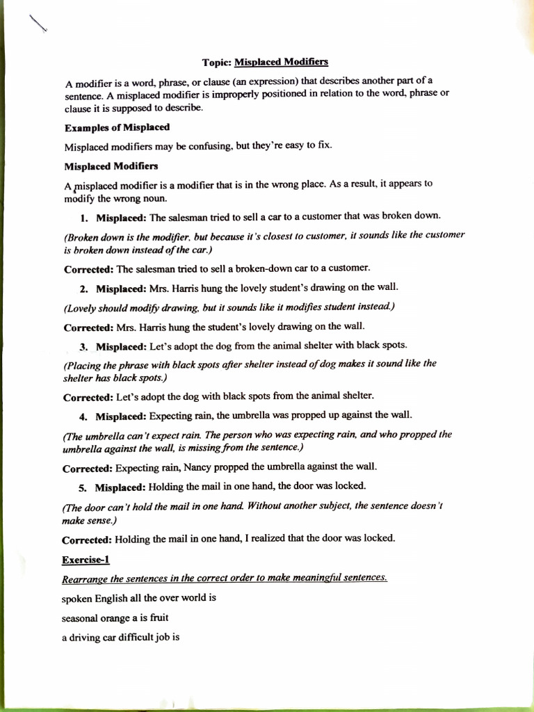 HMHU-201 Misplaced Modifier | PDF | Sentence (Linguistics) | Phrase
