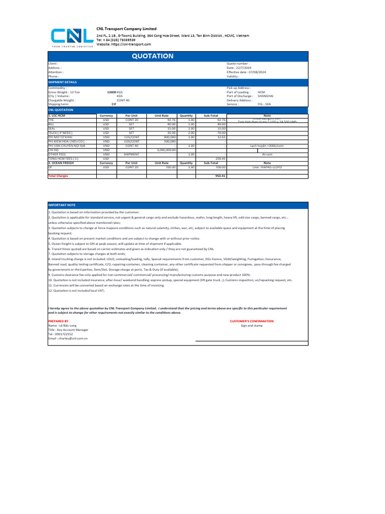 CNL Transport Quotation for Sea Freight | PDF | Cargo | Supply Chain ...