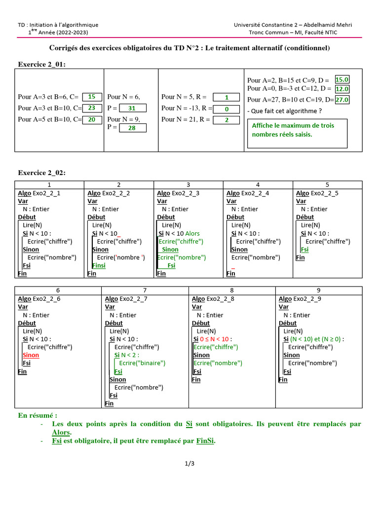 Corrigés TD Algorithmique 1ère Année | PDF | Programmation informatique ...