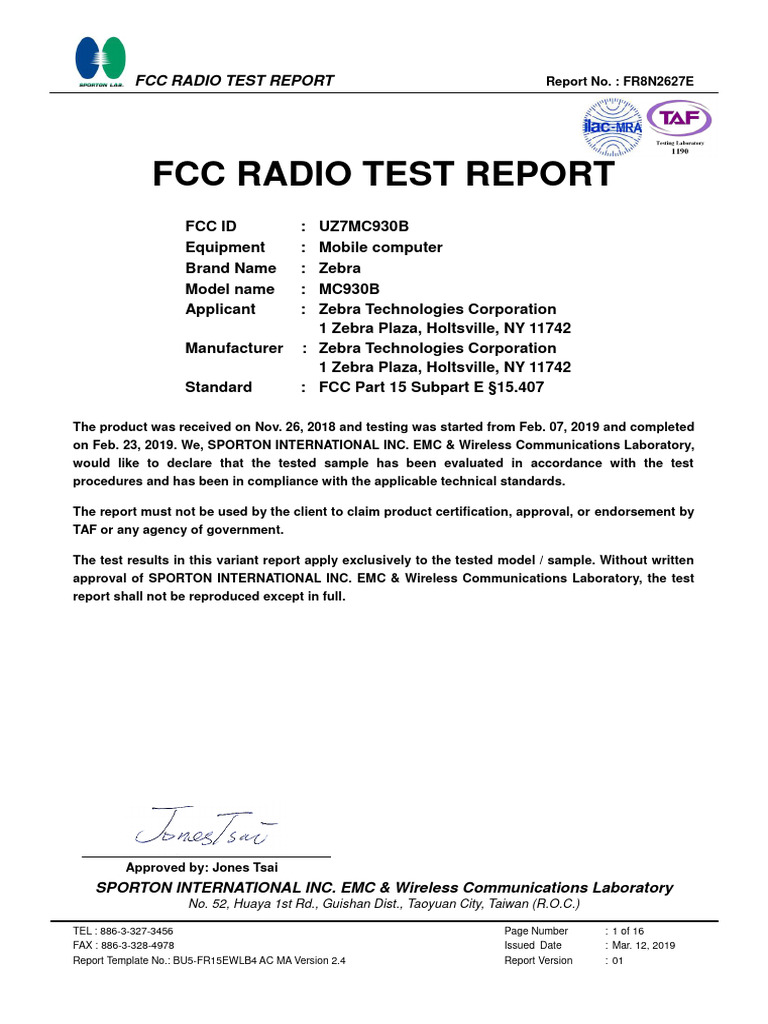 FCC Test Report for Zebra MC930B | PDF | Ieee 802.11 | Antenna (Radio)