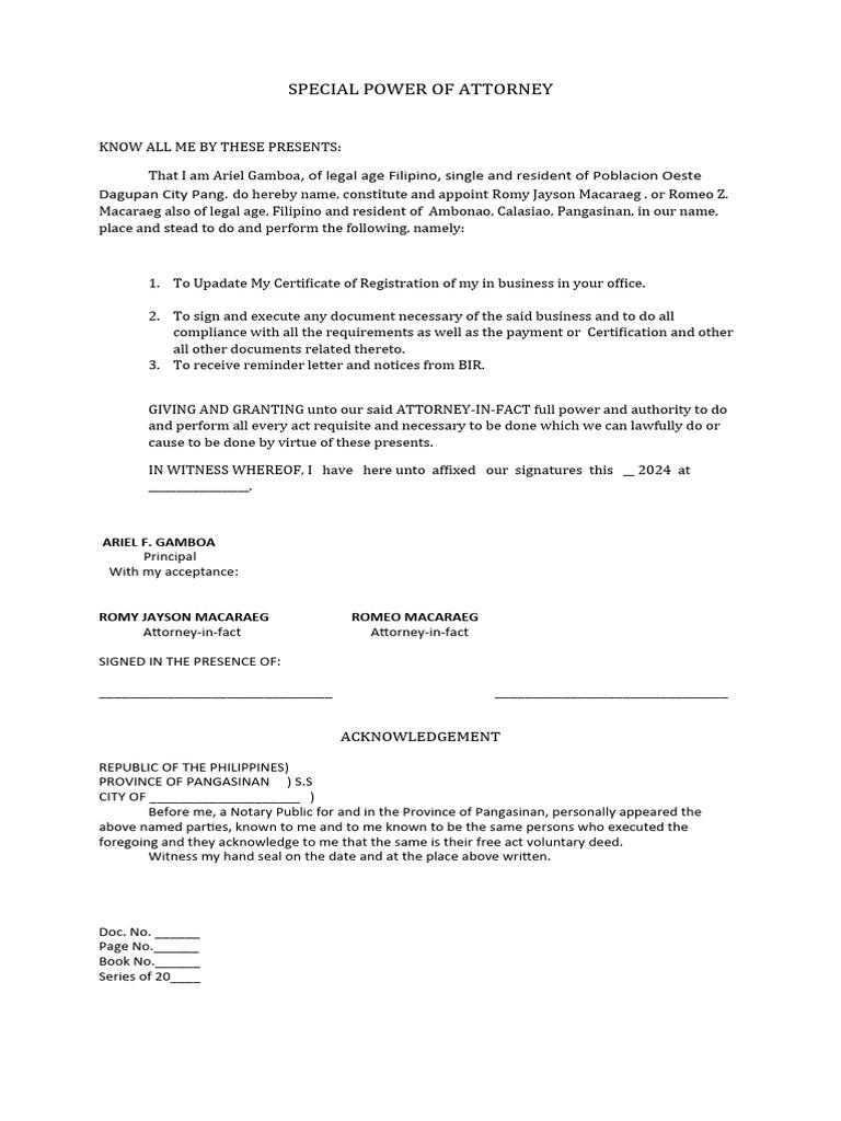 Special power of attorney of legal age filipino single and resident