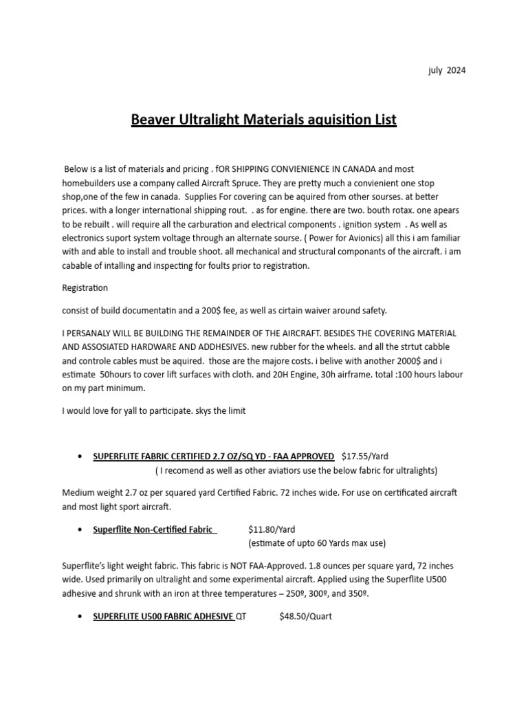 Beaver Ultralight Materials Pricing List | PDF | Aircraft | Aviation