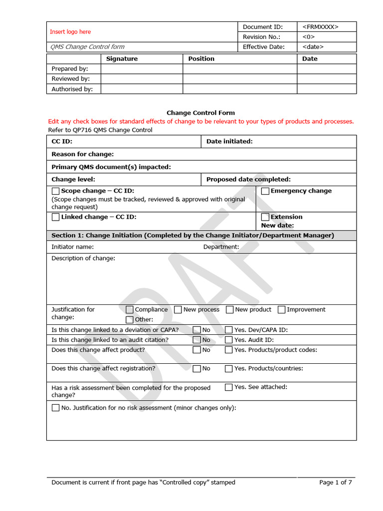 QMS Change Control Form Template | PDF | Packaging And Labeling ...