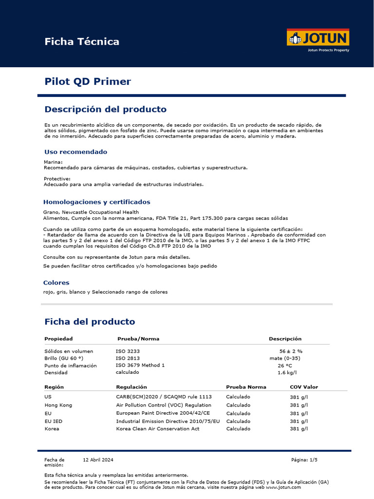 Ficha Técnica Jotun Pilot QD Primer - Anticorrosivo | PDF | Abrasivo | Agua