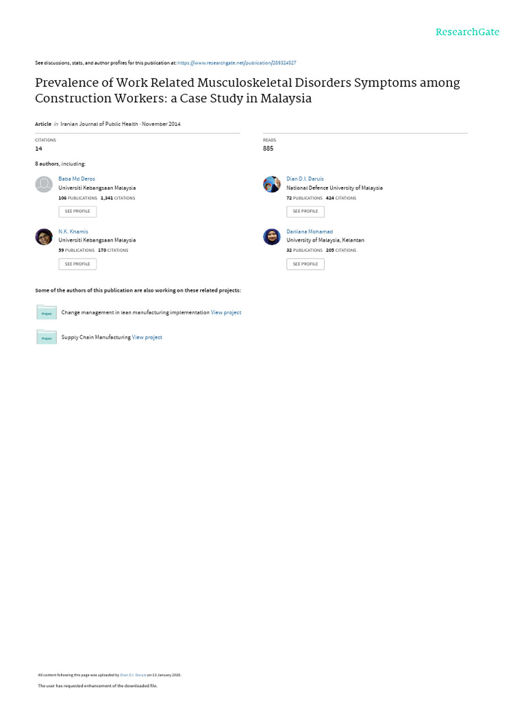 Prevalence of Work Related Musculoskeletal Disorder Construction - 2014 ...