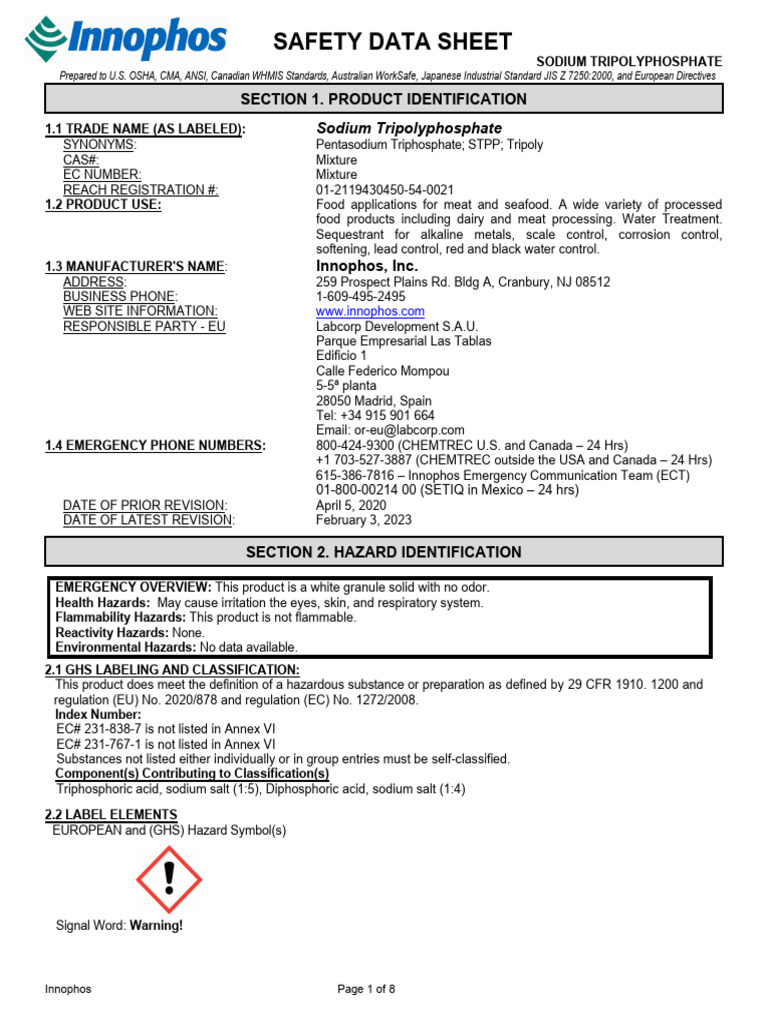 Sodium Tripolyphosphate Safety Data Sheet | PDF | Dangerous Goods ...