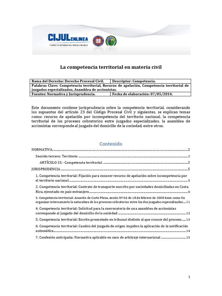 La Competencia Territorial en Materia Civil | PDF | Ley procesal ...