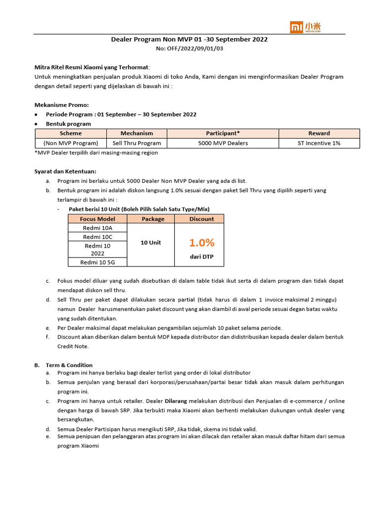 Memo Program Non MVP 01-30 Sep 2022 ST 1% (Indonesia) | PDF