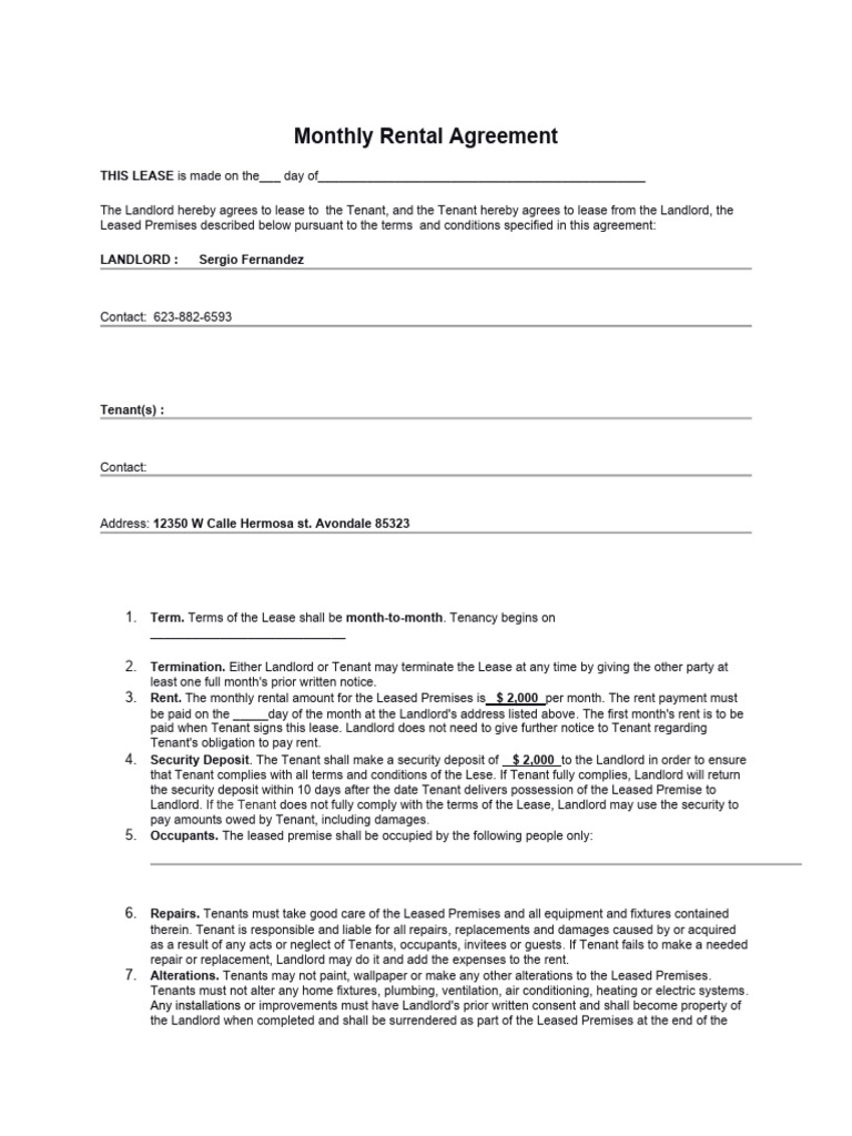 Photo inspiration: Month To Month Rental Agreement Template Pdf Lease Photo Inspiration