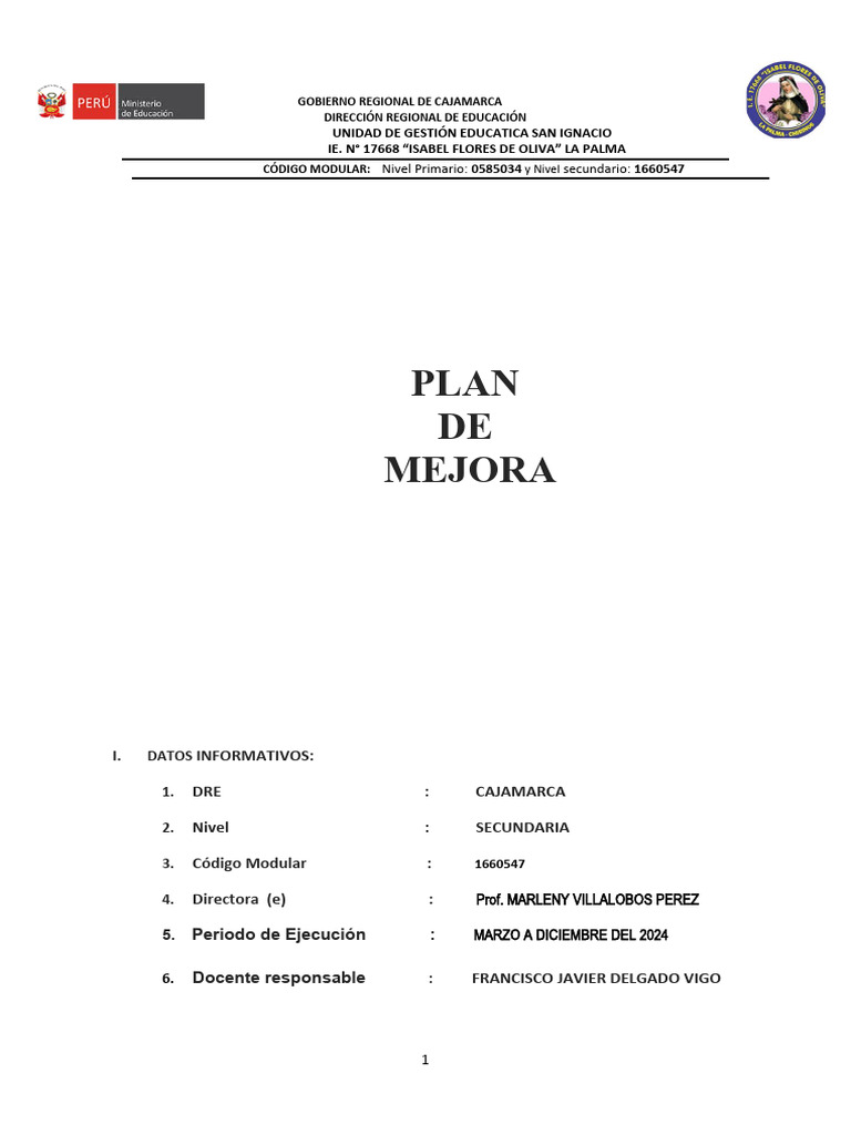 Plan de Mejora Educativa 2024 Cajamarca | PDF | Evaluación | Educación ...
