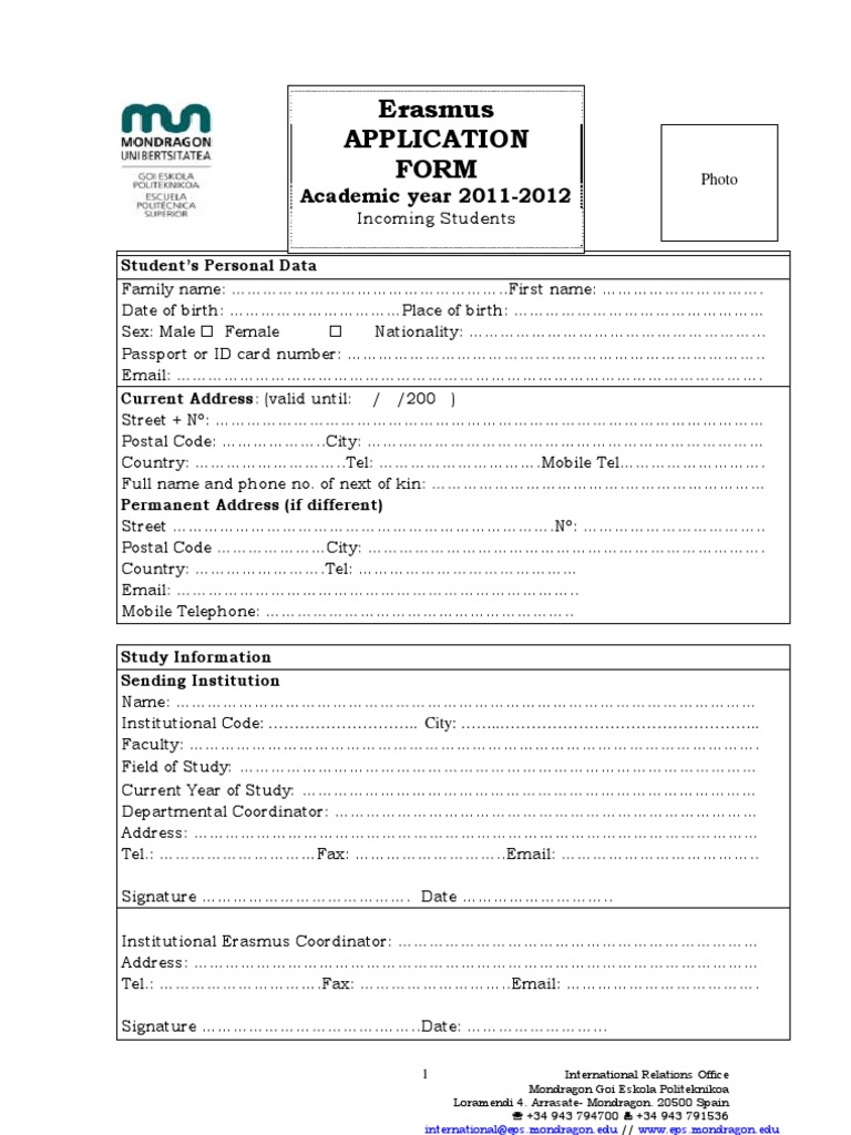 Erasmus Application Form for Mondragon | PDF | Identity Document | Business