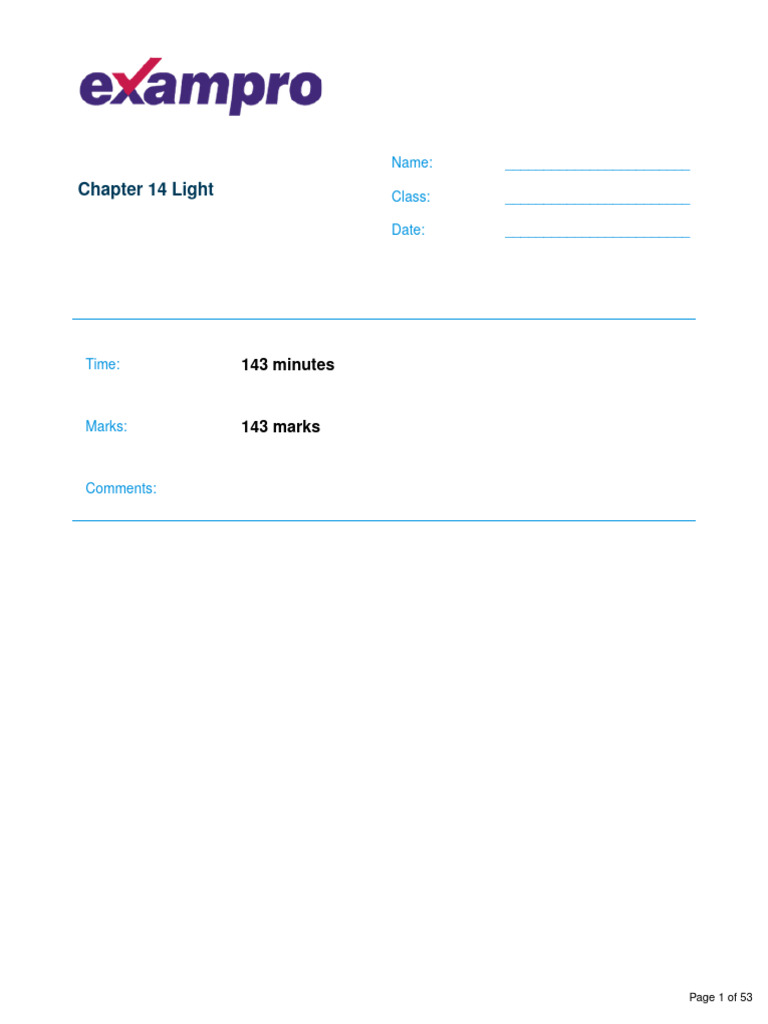 Chapter 14 Light Exam Pack and Mark Scheme | PDF | Optics | Eye