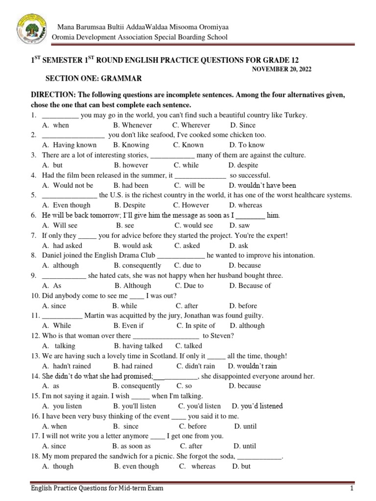Grade 12 English Mid-term Practice Exam | PDF