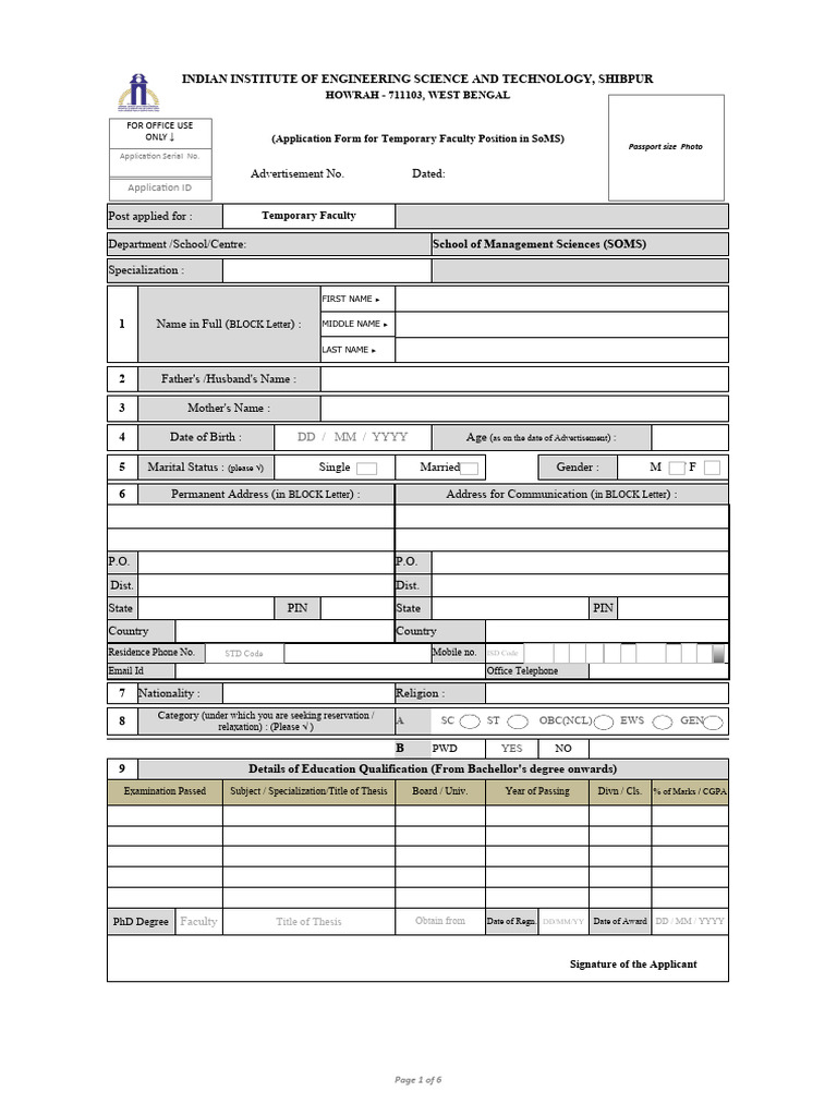 Application Format For Temporary Faculty Position-SoMS - 2024 | PDF
