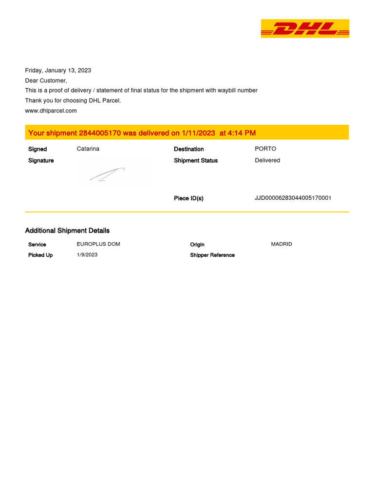 DHL Shipment Delivery Confirmation | PDF