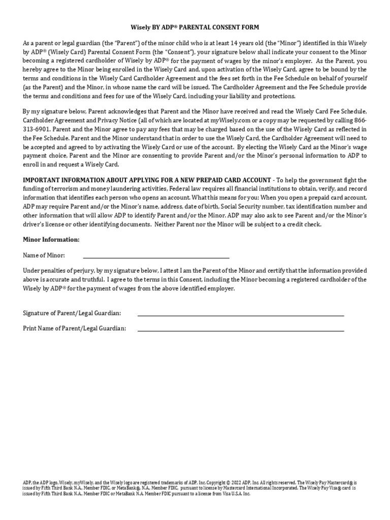 Wisely+Minor+Consent+Form+ (1) 2 | PDF | Visa Inc. | Debit Card