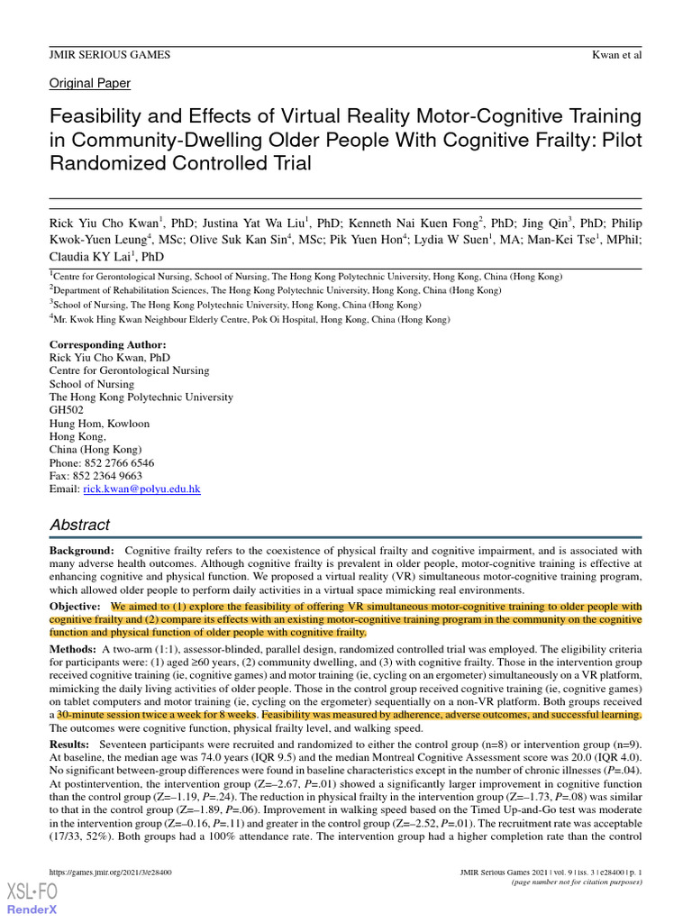 Feasibility and Effects of Virtual Reality Motor-Cognitive T | PDF ...
