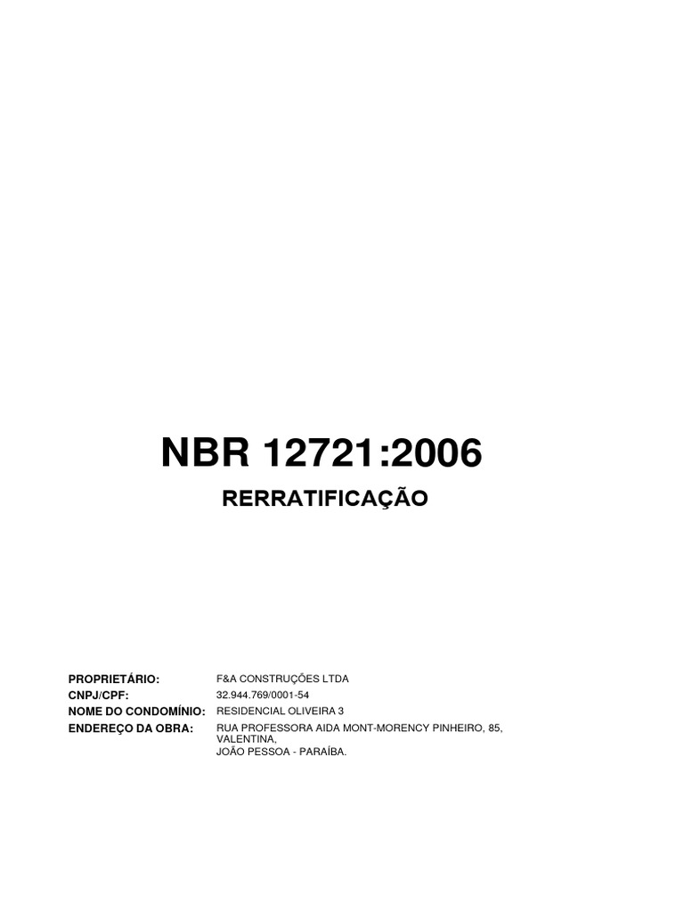 NBR 12721: Dados do Residencial Oliveira 3 | PDF | Setor imobiliário