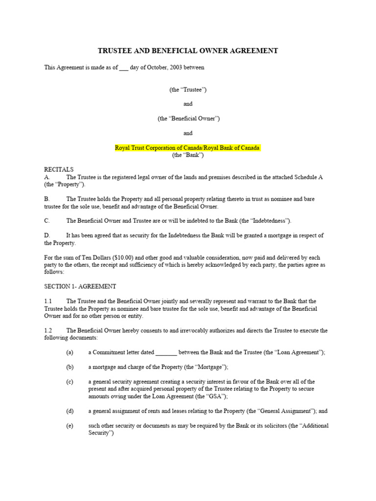 Trustee-Beneficial Owner Agreement | PDF | Loans | Mortgages