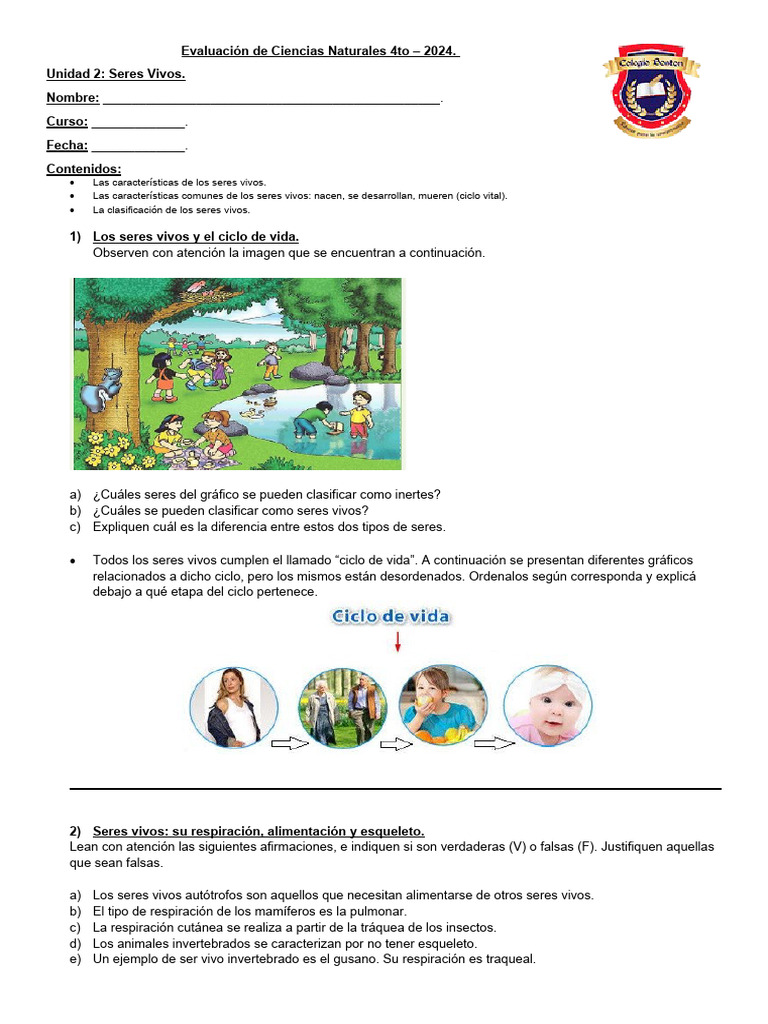 Evaluación de Seres Vivos 4to Grado | PDF